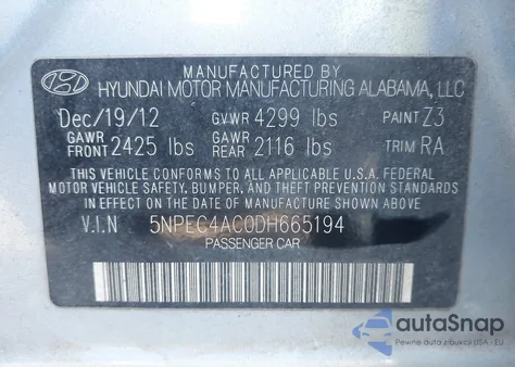 2013 Hyundai Sonata Limited z USA, uszkodzony, nr VIN 5NPEC4AC0DH665194